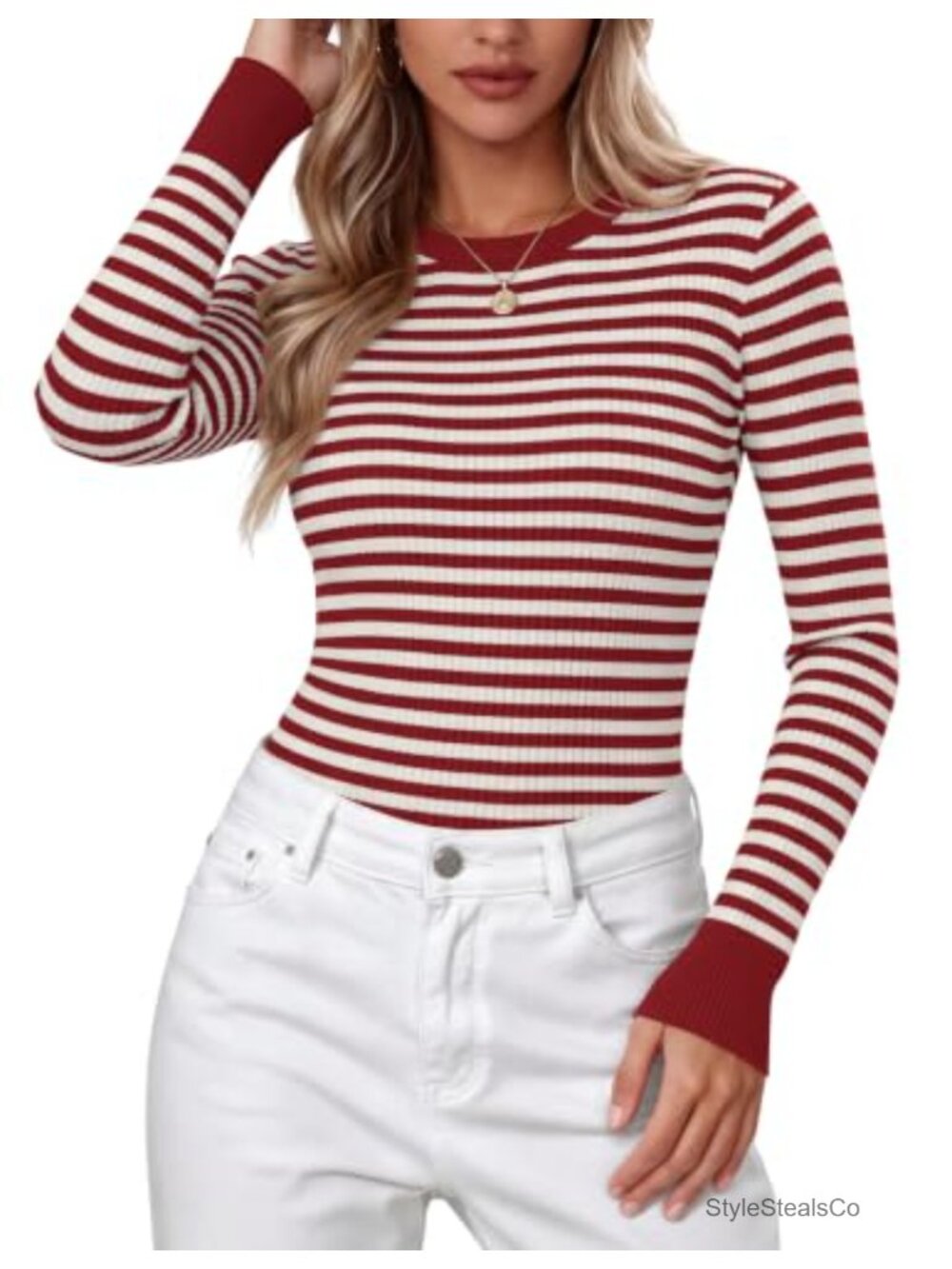 PRETTYGARDEN Ribbed Knit Striped Long Sleeve Crew Neck Sweater Womens